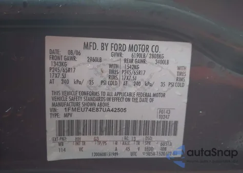 2007 Ford Explorer Eddie Bauer из США, поврежденный, VIN 1FMEU74E87UA42505